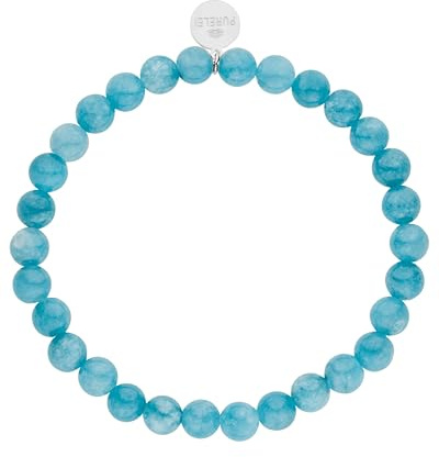 Purelei Bracciale Blue Ocean (oro, argento), Bracciale da donna e da uomo in pietra naturale acquamarina azzurra, Bracciale di perle uomo elastico con logo, waterproof, taglia unica (Argento)