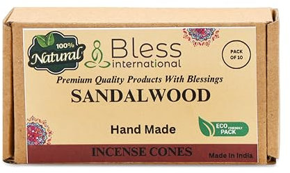 Bless International Sandalwood 100%-Natural-Incense-Cones Handmade-Hand-Dipped Organic-Chemicals-Free for-Purification-Relaxation-Positivity-Yoga-Meditation The-Best-scents (10 Count)