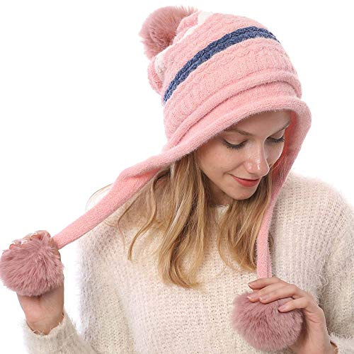 Kangqifen Damen Winter Gestreifte Fleece Gefüttert Warme Strickmütze Bommelmütz Gestrickte Mütze mit Ohrenklappen 3 Pompon