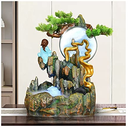 Fuente de Escritorio Fuente de agua de mesa, cascada interior con generador de niebla y árboles artificiales de resina, estatuas pequeñas de Buda, esculturas de luna for la decoración de la oficina en
