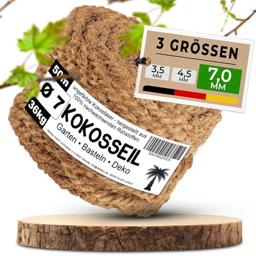deli4you Kokosseil Gartenseil für Pflanzen – 7mm x 50m Kokosstrick für Bäume Kokosfaserschnur Baumbinder Kokosseil für Bäume unbehandeltes Kokosband Gräser zusammenbinden