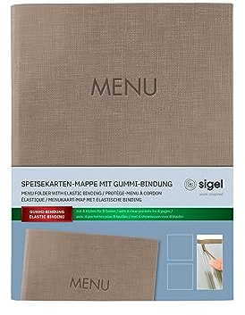 SIGEL Speisekartenmappe A5 mit Gummibindung Beige | SM211, Pflegeleichte Oberfläche mit Leinenstruktur