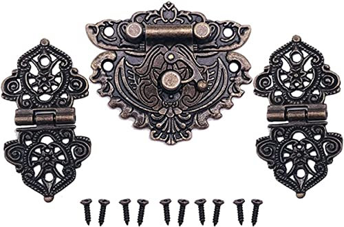 Antiker Riegel-Haspelverschluss, Schlosshaken, Ösenriegel, 1 Stück Bronze-Möbelbeschläge, Kastenschloss-Schnalle, Schloss-Schnalle + 2 Stück dekorative Schrankscharniere for Schmuck-Holzkisten (Farbe: