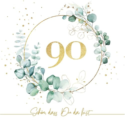 Serviettenshop 20 Servietten 90. Geburtstag Eukalyptus als Tischdeko mit Spruch Schön, dass Du da bist. Deko Papierservietten Geburtstag Frau Mann Zahl 90 gold mit Motiv Jubiläum 33x33cm