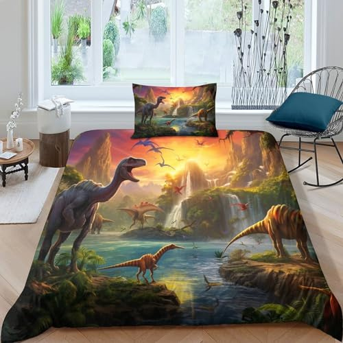 CRJUS Motifs de Dinosaures 3D Imprimé Housses De Couettes pour Adultes Et Enfants Housse De Couette avec Taies Microfibr E avec Fermeture À Glissière Parure De Lit 2 Pièces Single（135x200cm）