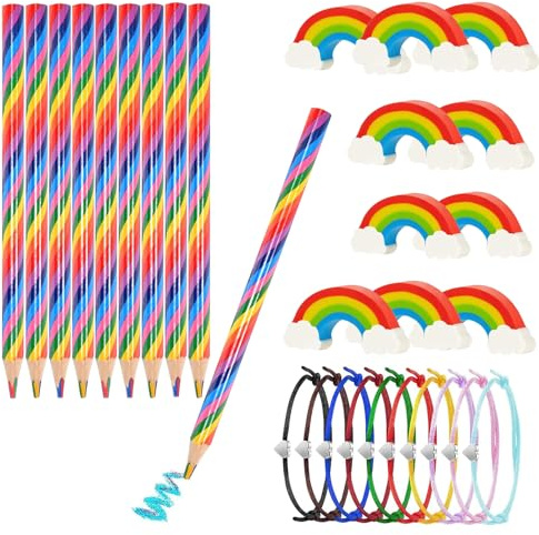 30 Stück Regenbogen Bleistifte Set, Kinder Regenbogen Stifte, 10 Regenbogen Buntstifte, 10 Regenbogen Radiergummis, 10 Herz Freundschaftsarmband, Dreikant Farbstifte für Kunst Färbung Skizzieren