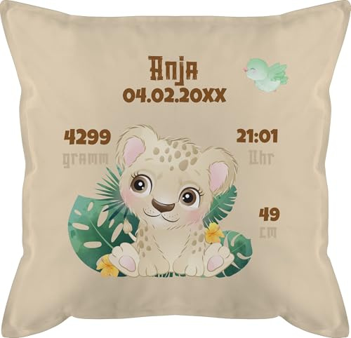 Kissen 50x50 - Geburtsgeschenk Löwin Datum Gewicht Uhrzeit Größe I Geschenk zur Geburt - 50 x 50 cm - Beige Natur - babykissen geburtskissen personalisierte Baby Elefant männerkissen