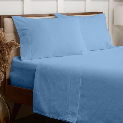 3-Piece Set 100% Brushed Cotton Soft Warm Flannelette 30cm Fitted Sheets Set with Pillowcase King Size Thermal Luxury Bedding Flannel Extra Deep Cozy Fitted Bed Sheet (Sky Blue, King)