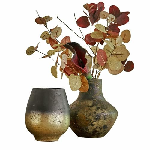 Loberon Vase 2er Set Ricky, mundgeblasen, rustikales Finish, Zwei unterschiedliche Formen, Dekoration, Wohnaccessoires, Glas, schwarz/grün/Gold