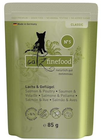 catz finefood Classic N° 5 Lachs & Geflügel Katzenfutter nass - Gourmet Nassfutter für Ihre Katze ohne Zucker & Getreide, glutenfrei - mit hohem Fleischanteil, Made in Germany (24 x 85g Beutel)