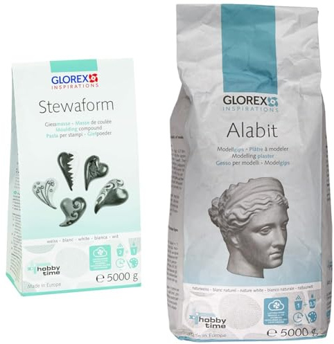 Glorex 6 2606 505 - Stewaform Gießmasse weiß, 5000 g, universell einsetzbar, lufttrocknend, bemalbar & 6 2608 430 - Alabit Gießmasse naturweiß, hochwertiger Modelliergips, 5000 g