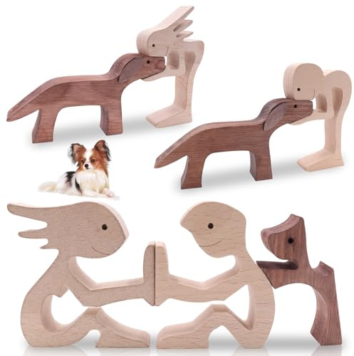 Cersaty 3 Pares de Figuras de Madera: Escultura de Perro para el Hogar, Oficina y Sala de Estar - Amantes de los Perros - Estatua de Madera Hecha a Mano con Cachorros