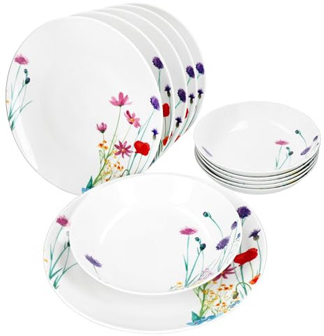 MamboCat Marie - Servizio da tavola da 12 pezzi, in porcellana con decorazione prato floreale, per 6 persone, 6 piatti fondi e 6 piatti piani per colazione, pranzo e pane