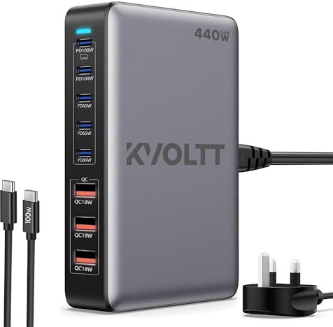 440W USB charging station - Gan Charger with 5 USB C & 3 USB A Ports, 100W 65W USB charging hub with USB C multi charger,Compatible with MacBook Lenovo Laptop iPhone iPad - 100W USBC Cable Included