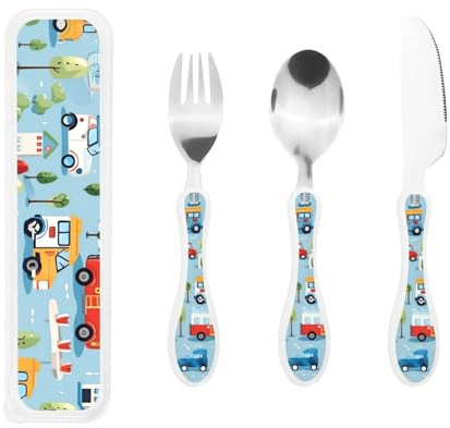Big Kids Besteckset Löffel, Messer und Gabel Sets Kinder Besteck Sets Lebensmittelecht Edelstahl (Cartoon Fahrzeuge Auto Muster)