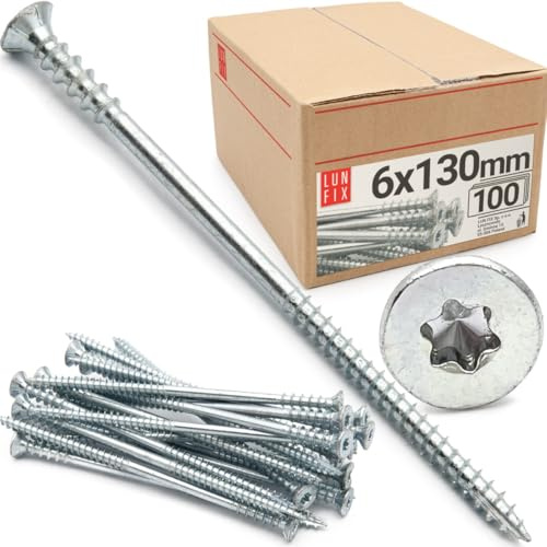 Vis de réglage 100 pièces 6x130 mm torx zinguées – vis à bois, acier zingué, vis terrasse pour charpente, menuiserie, poutre, lambourde, cloison, aggloméré, bois dur – Lun Fix