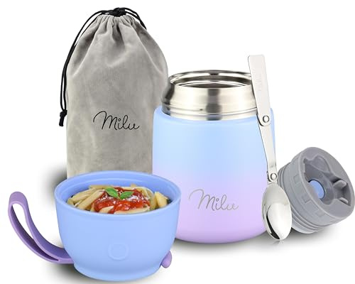 Milu® Thermo Food Flask 450ml - Stainless Steel Insulated Container - Lunchbox - Jar with Spoon for hot and Cold Food (Blue Violet, 450ml)
