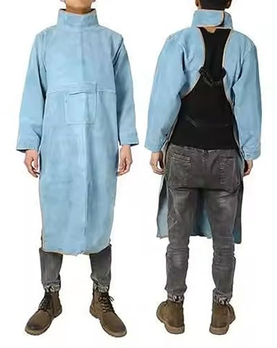 Grembiule da Saldatore in Pelle Bovina antifiamma Lungo Cappotto Protettivo Abbigliamento Tuta Saldatore Pelle Resistente Protezione Extra,Blu,120cm
