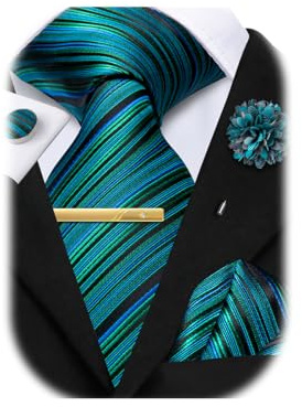 Hi-Tie Ensemble de cravates pour homme 4 pièces cravate et pochette boutons de manchette épingle de revers florale clip épingle ensemble pour mariage affaires, bleu paon, M
