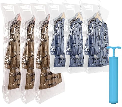 Wenrecu Hanging Vacuum Bags for Clothes, Vacuum Sealer Bags with Hand Pump, Space Saving Wardrobe Organizer, Vacuum Bags for Seasonal Clothes (90 x 70 cm x 3 + 110 x 70 cm x 3)
