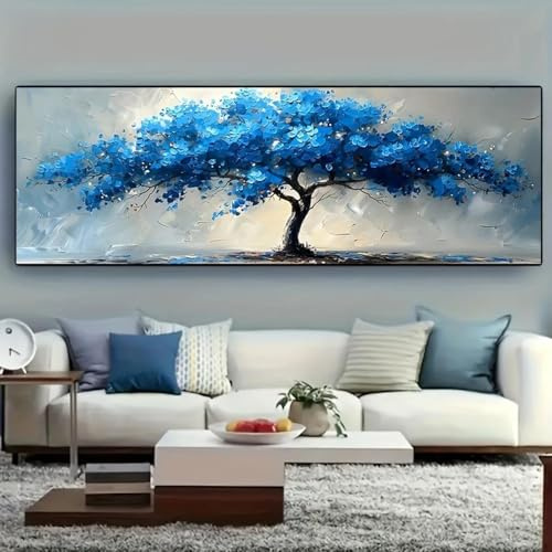 CHAOJIART Stampa su tela con paesaggio astratto dell'albero della vita blu extra large, poster lungo da parete, arredamento moderno per camera da letto e soggiorno, 50X150 cm, cornice interna.