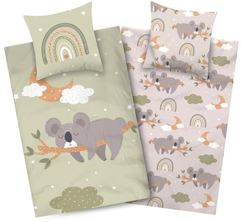 Aminata kids Koala Bettwäsche 135x200 80x80 Baumwolle Kinder Jugend Wende Bettbezug Regenbogen Tier Motiv Tiermotiv mit Öko-Tex & Reissverschluß Tiere Wende Kinderbettwäsche