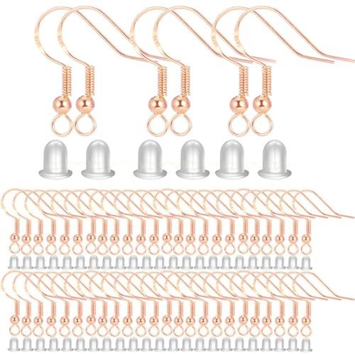 NJCXOLA 100 Pezzi Ganci Orecchini, Ganci Orecchini Fai Da Te Anallergici, 100 Tappi Trasparenti Per DIY Orecchini, Creazione di Gioielli, Accessori per Orecchini(Oro rosa)