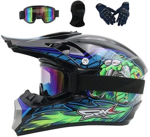 Casque Moto Enfant 7-14, Casque De Motocross pour Les Adolescents, Protection Enduro Integral VTT Casque Moto Cross, pour BMX MTB Quad Enduro ATV Scooter, avec Goggle Gants Masque(Blue,M(54-55CM))