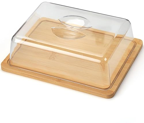 Mantequillera de bambú con tapa, 24 x 18,5 cm, redonda, Compatible with guardar queso, de plástico PS transparente y bambú natural.
