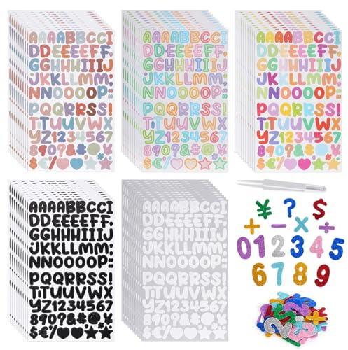 50 Blätter Selbstklebende Buchstaben Aufkleber Vinyl Alphabet Aufkleber(4500 Stück), 36 Stück Moosgummi Zahlen Glitter und 1 Stück Pinzette für DIY Scrapbook Grußkarte
