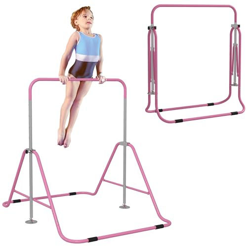 HOMCOM Barra de Gimnasia Artística, Barra Horizontal Plegable, Altura Ajustable, Equipo de Gimnasia para Entrenamiento en Casa, para Niños y Niñas, Rosa