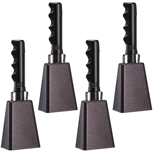 4 Pack 10 Inch Steel Cowbell with Handle Cheering Bell for Sports Events Large Solid School Bells & Chimes Percussion Musical Instruments Call Bell Alarm