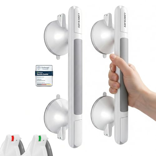 LORESJOY Agarraderas de Baño con Ventosa y Indicator, MAX 120 KG, 2PCS | Asa de Seguridad para Baño, Manija de Ducha Antideslizante, Soporte de Apoyo sin Perforación, Mayores Barra de Agarre