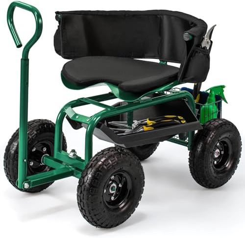 Chariot de jardin à roulettes réglable avec siège pivotant, chariot de jardinage robuste avec poignée extensible, plateau à outils et panier idéal pour les travaux de plantation et de jardinage