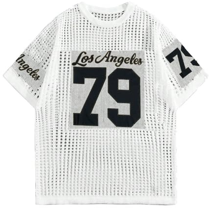 Women's Crochet Jersey Shirt Y2k Knit Shirts Baggy Number Letter Tops Hollow Out Short Sleeve Pullover Sweater White