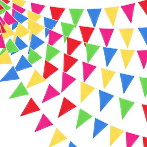 Guirnalda de banderines de 300 m y 450 Piezas para decoración de Fiestas, banderines Triangulares Reutilizables e Impermeables, Ideales para cumpleaños, Bodas, Fiestas y Festivales