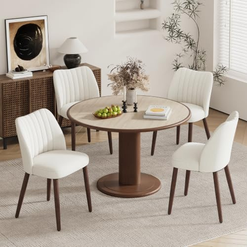 MALOL Upholstered Dining Chairs Set of 4, Fabric Chairs for Dining Room with Solid Wood Legs and Thick Seat Cushion, Modern Kitchen Chair with Anti-Slip Pads, Beige