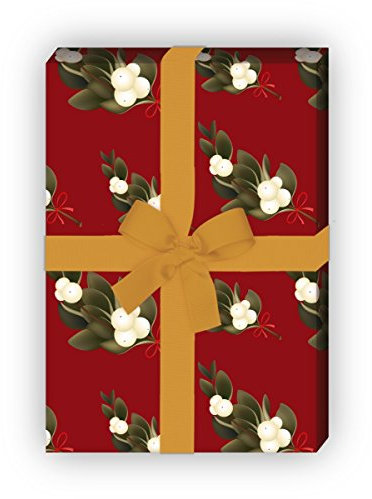 Kartenkaufrausch Elegantes florales Weihnachtspapier, Geschenkpapier Set zu Weihnachten mit Misteln, rot, für tolle Geschenk Verpackung, Designpapier, scrapbooking, 4 Bogen, 32 x 48cm