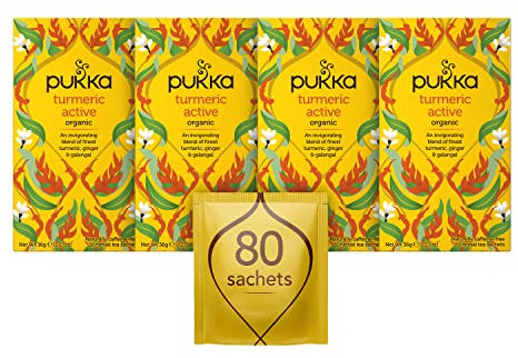 Pukka Herbs | Turmeric Active Organic Box |Tea With Ginger, Turmeric, Nettle & Orange | Ideal For Boosting Energy | 4 Packs | 80 Plant Based Biodegradable Tea Bags