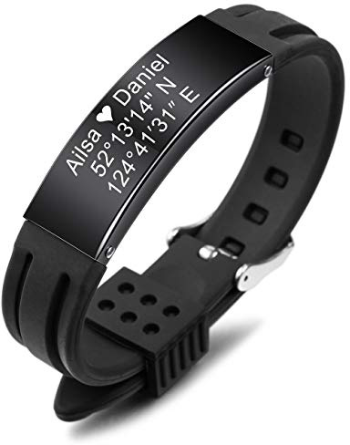 MeMeDIY Benutzerdefinierte Name Armband Personalisierte Gravur für Männer Frauen Jungen Mädchen Gummi Silikon Sport Handgelenk Identifikation ID Tag Edelstahl Armband (Schwarz Farbe, Schwarz Ton Tag)