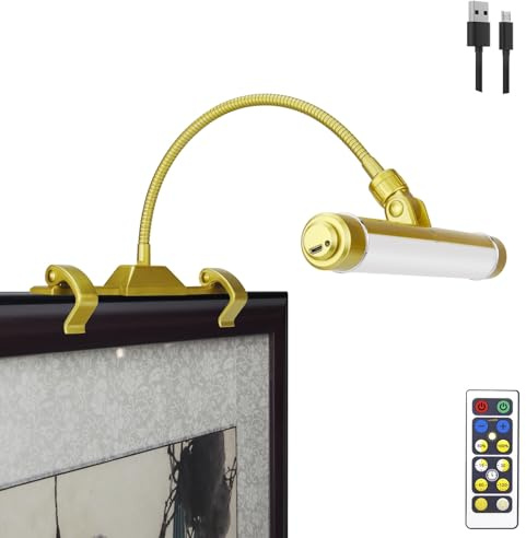 LUXSWAY Wireless Picture Frame Led Lighting,Rechargeable Art Display Lighting Clip on Pictures,Over Painting Lights with Remote,Artwork Lamp with Flexible Neck,28 LEDs 3 Lighting Modes 200LM-Gold