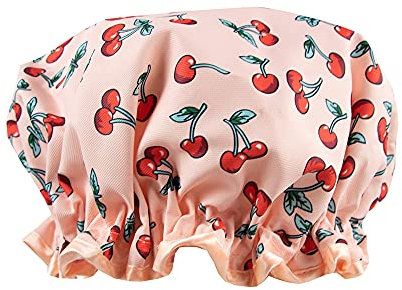 The Vintage Cosmetic Company Shower Cap Cherry Print for Women and Girls, Elegant Reusable Bath Hat, Waterproof & Stylish Hair Protection for All Hair Types