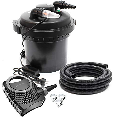 Wiltec Komplettset: CPF-280 Teichdruckfilter bis 8000 L mit 11 Watt UV-C Teichklärer, NEO6000 SuperEco Teichpumpe 6000l/h 40W, 5m Teichschlauch 38 mm (1 1/2), Schlauchschellen W1 44-47mm