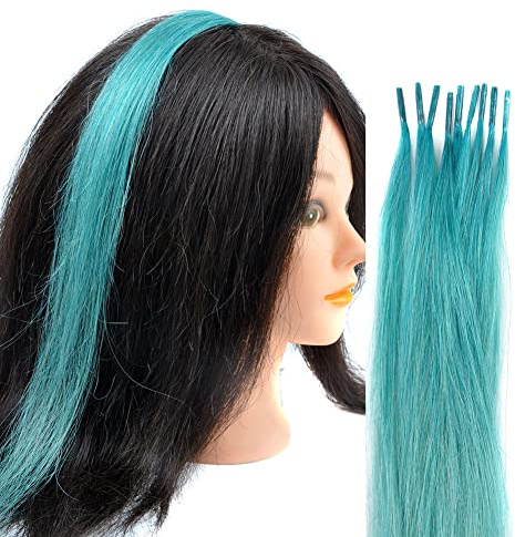 Vieuinaux Rainbow Highlights Hair Extensions, 10 Strands/lot Colored I Tip Human Hair Extension For Women Girls Gift Cosplay Dress Up Party Feather Hair Extensions (16INCH, Sky blue)