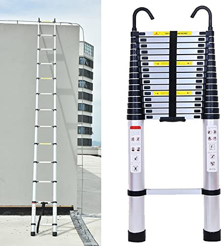 Teleskopleiter Klappleiter 6,2m, Sprossenleiter Aluminium, Schiebeleiter rutschfest Verlängerungs Leiter für Wohnmobil/Dachboden/Büro/Warenhaus, Leicht zu Tragen, EN131, 150kg Tragkraft, Silber