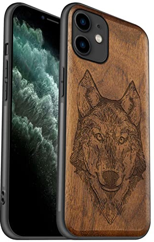 Carveit Coque pour iPhone 11 Protection[Unique Noyer] Artistique Gravure Laser TPU Souple de téléphone Antichoc Compatible avec 11 Coques en Bois (Tête de Loup)