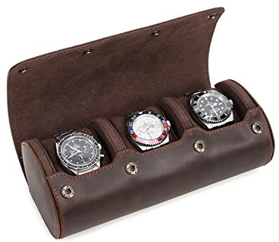 CONTACTS Full Grain Crazy Leather Watch Travel Case 3 Slot Crazy Horse Leather Watch Box Organizer by Handmade (for 3 Pieces Watches)