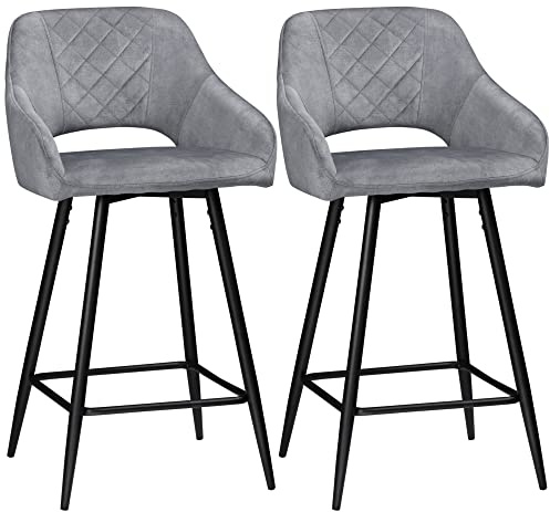 HOMCOM Lot de 2 Tabourets de Bar en Velours Chaises Bar Hautes Pieds en Métal Noir avec Repose-Pieds, accoudoirs Hauteur 67 cm - Gris