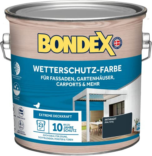 Bondex Wetterschutz Farbe Anthrazit (RAL7016) 2,5 L für 23 m² | Extreme Deckkraft | Hervorragende Witterungsbeständigkeit | seidenglänzend | Wetterschutzfarbe | Holzfarbe