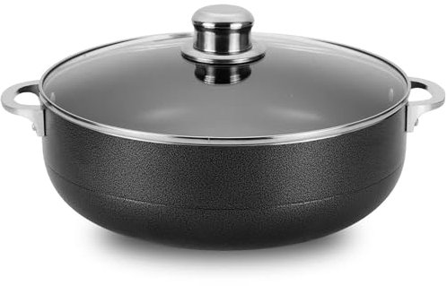 Alpine Cuisine 13-Quart Nonstick Aluminum Caldero Pot with Glass Lid & Riveted Handle | Heavy-Duty Cookware for Large Servings of Stew & Rice | Easy Clean, Black